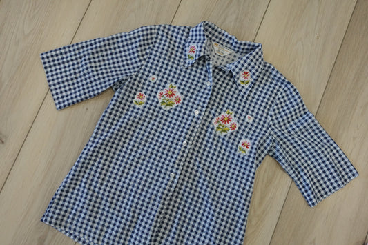 Navy + White Gingham Floral Button Up