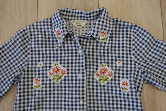 Navy + White Gingham Floral Button Up